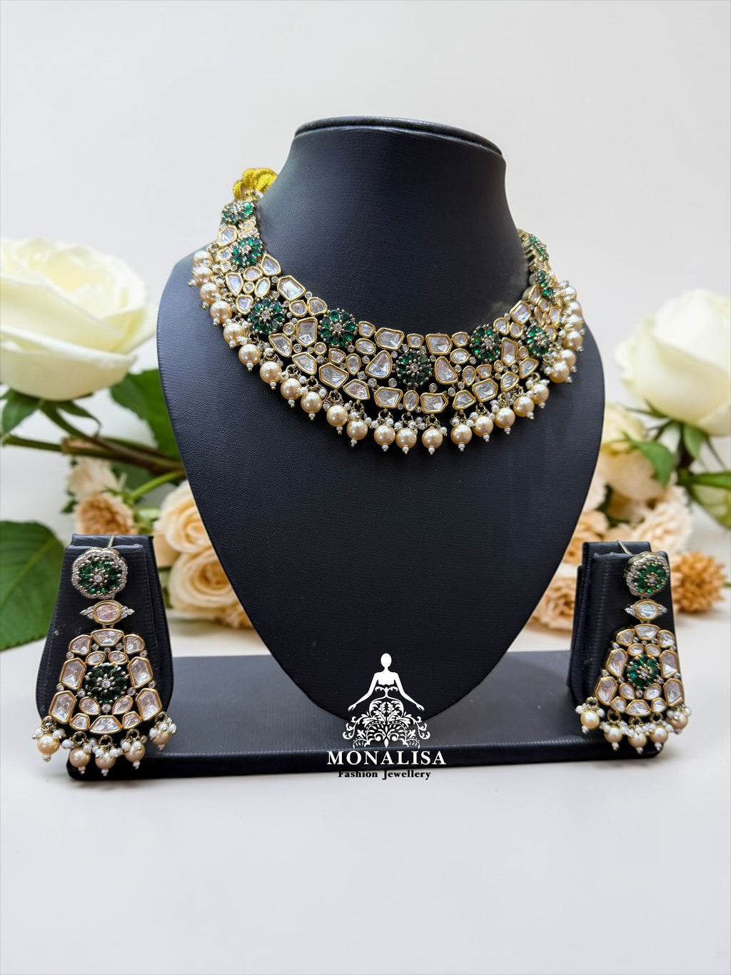Misty Emerald Polki Designer Necklace Set