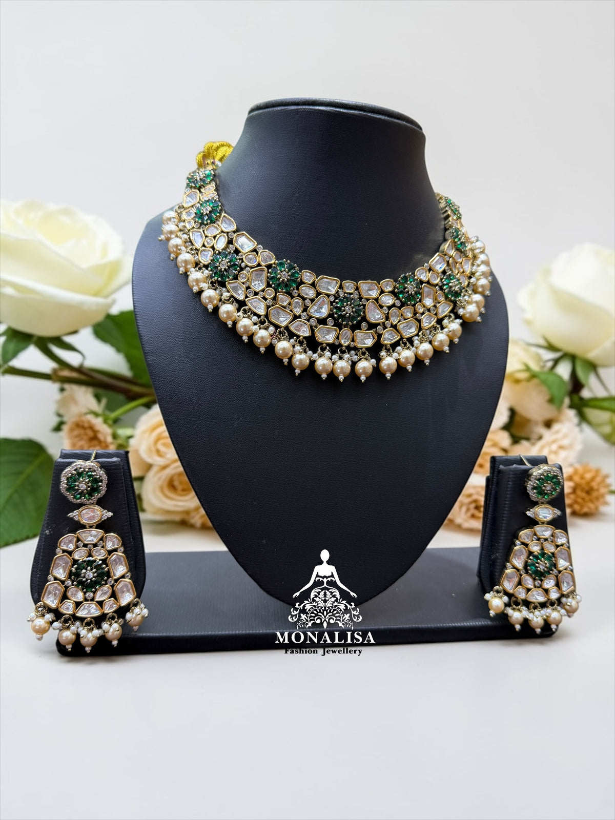 Misty Emerald Polki Designer Necklace Set