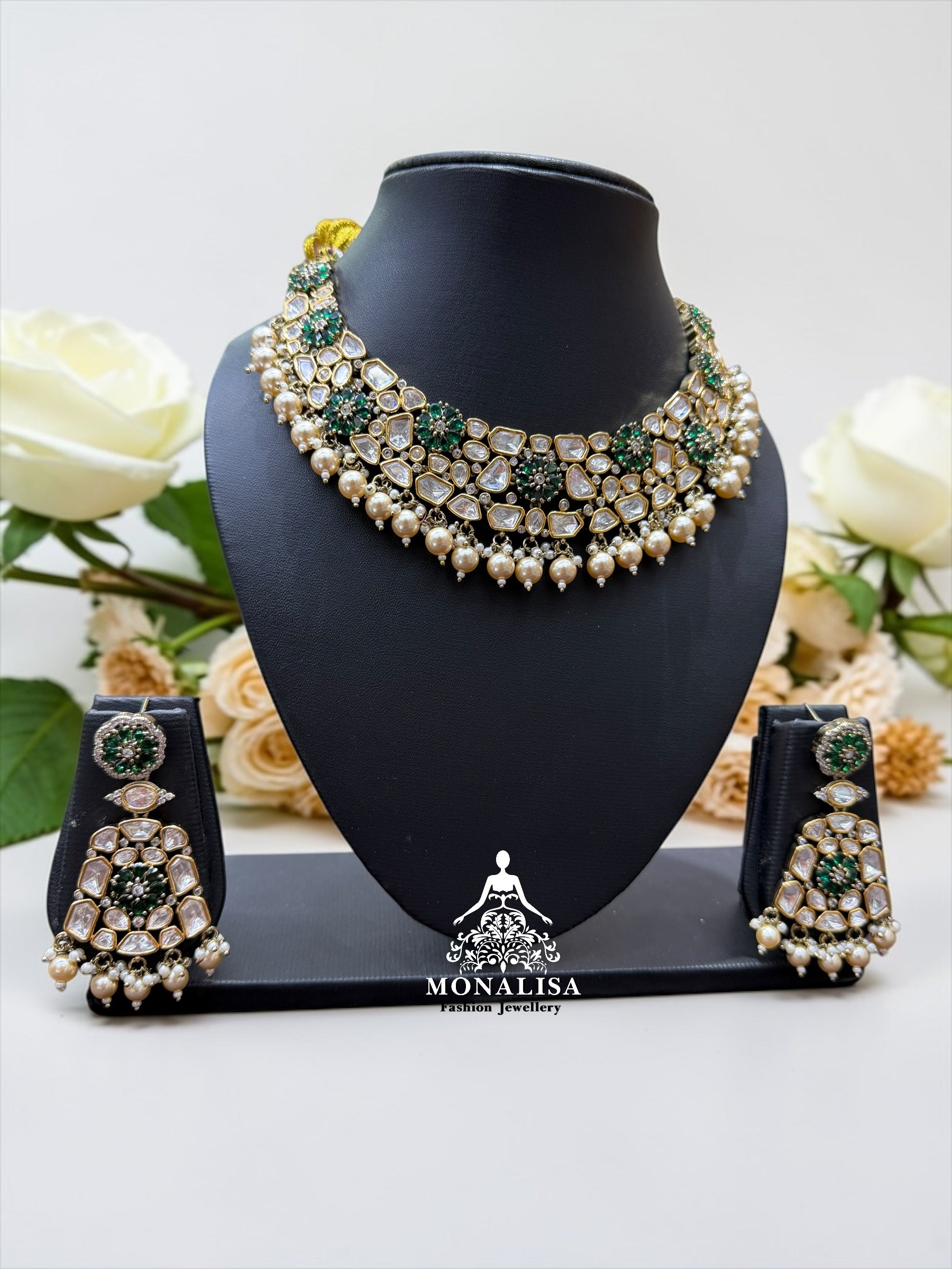 Misty Emerald Polki Designer Necklace Set