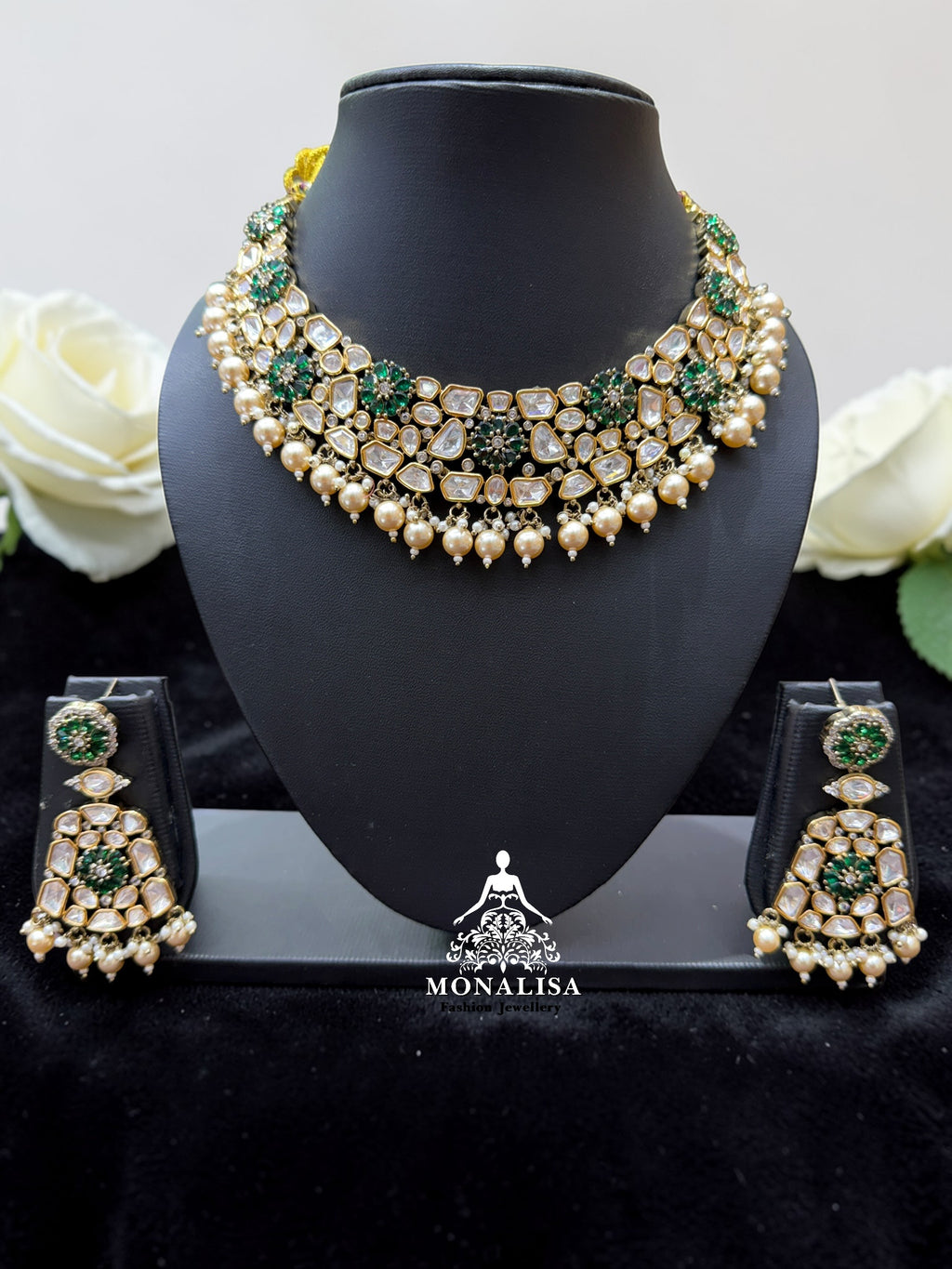 Misty Emerald Polki Designer Necklace Set