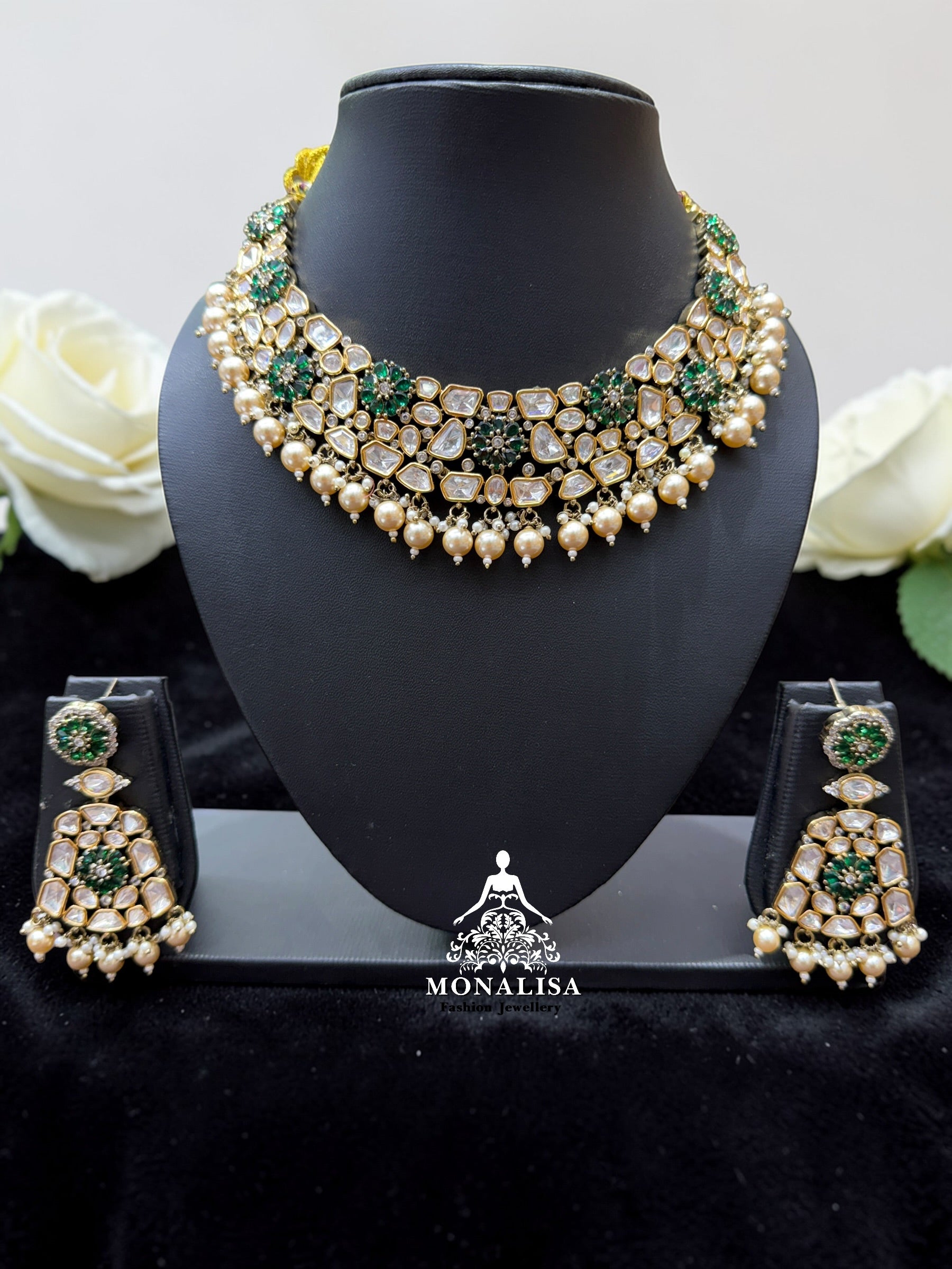 Misty Emerald Polki Designer Necklace Set