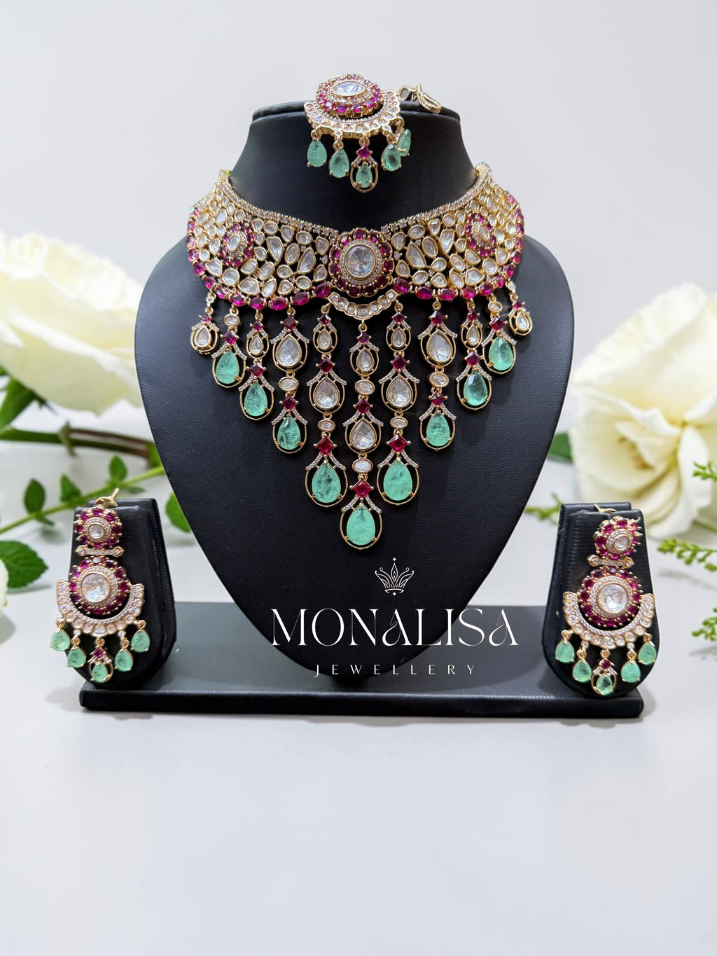 Mint Dublet Polki Designer Necklace Set