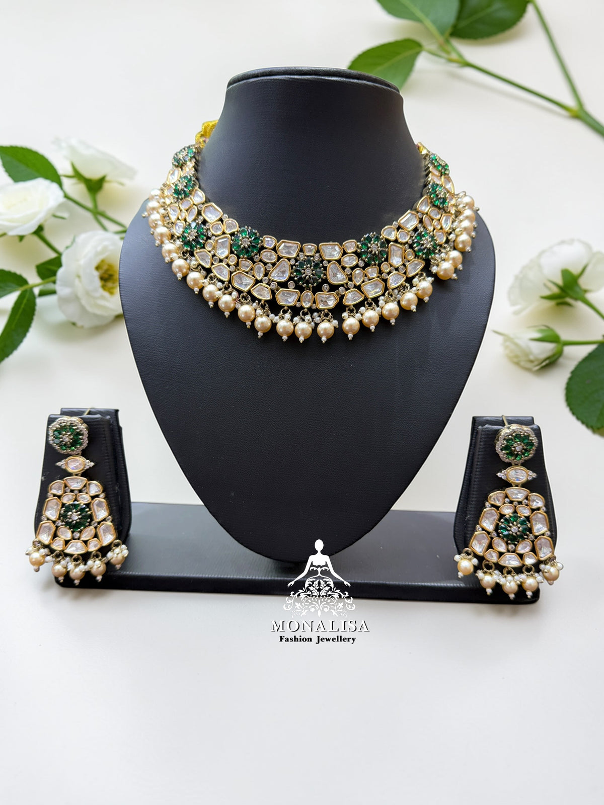 Misty Emerald Polki Designer Necklace Set