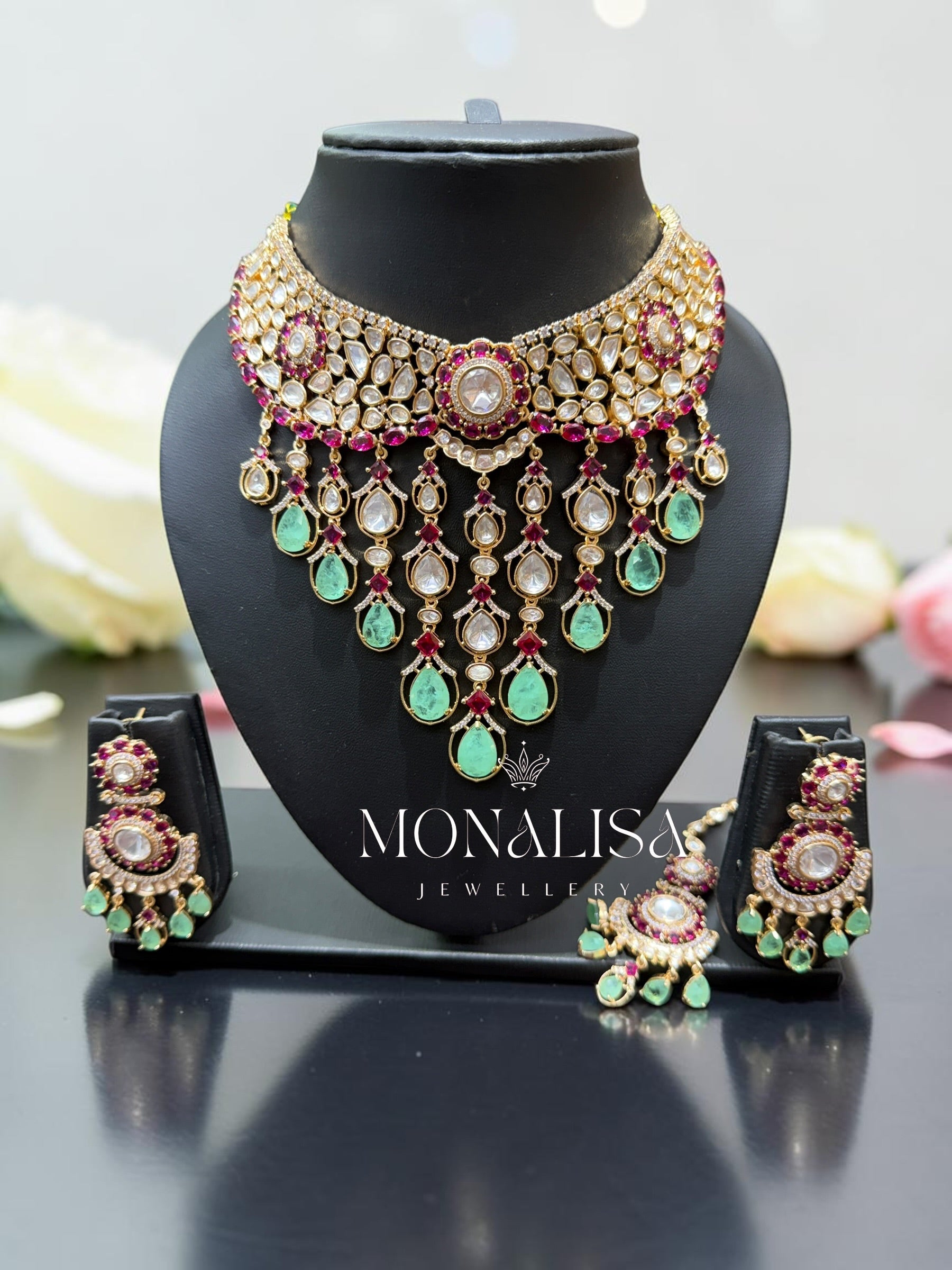 Mint Dublet Polki Designer Necklace Set