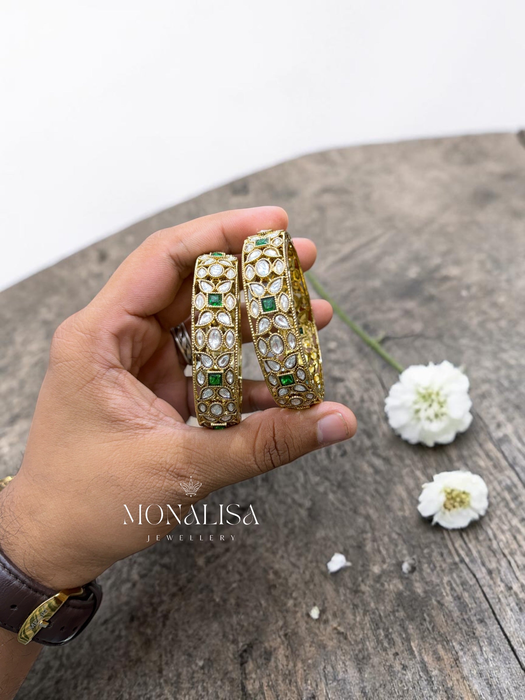Medha Emerald Polki Designer Bangles