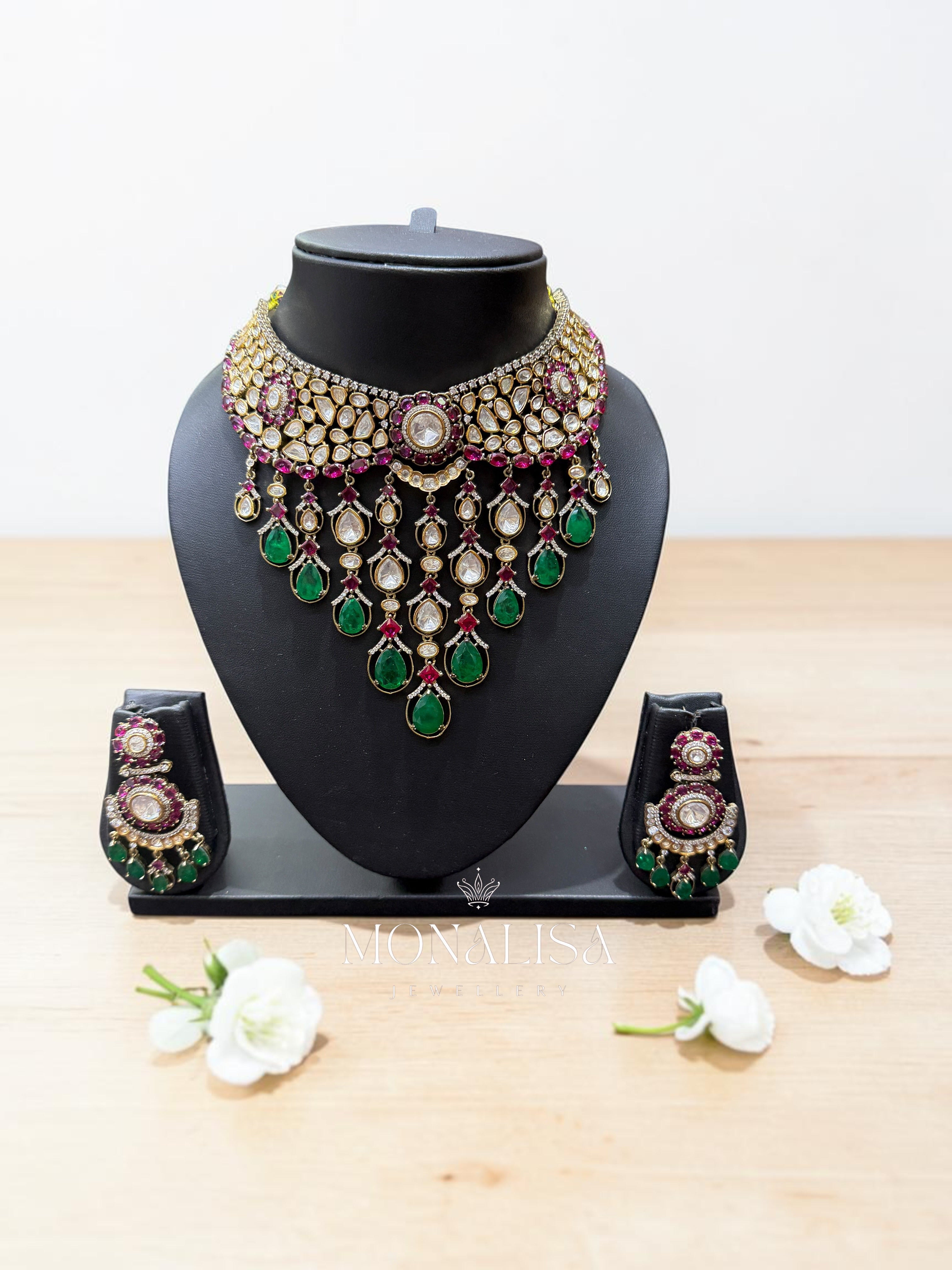 Emerald Dublet Polki Designer Necklace Set